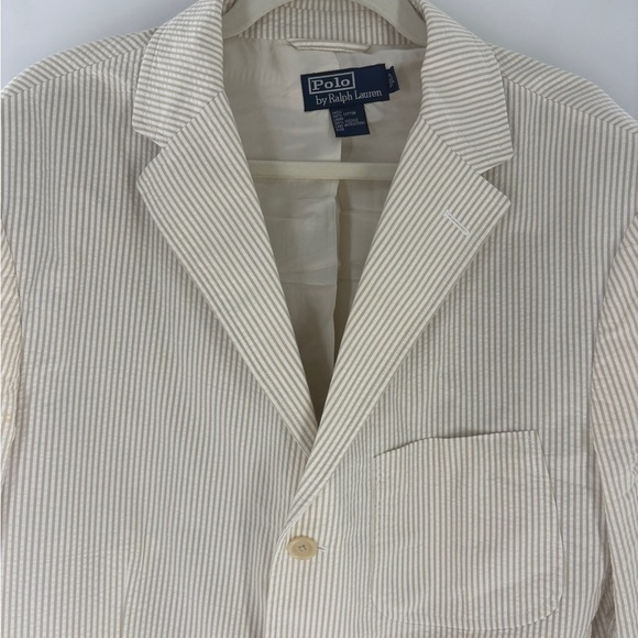 Polo Ralph Lauren  Men’s Seersucker Suit Large Blazer & Pants Striped Tan 36/30 - Picture 3 of 16